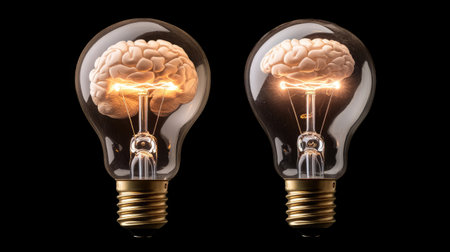 Unique artwork featuring a brain inside light bulbs symbolizes creativity and illumination. This striking visual represents the fusion of intellect and inspiration.の素材