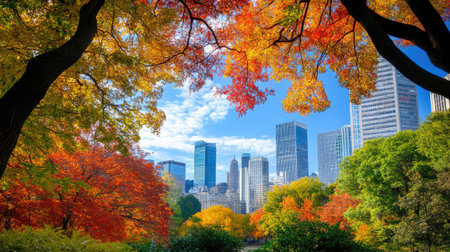 Experience a stunning autumn scene featuring vibrant foliage against a bright urban skyline. This image captures the essence of seasonal change in nature.の素材