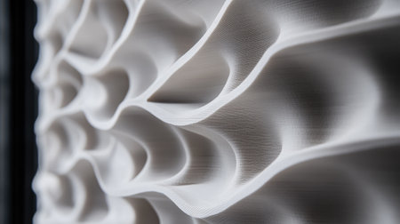 Close-up of a textured wall featuring soft wave patterns that create a captivating interplay of light and shadow, ideal for modern interior design.の素材