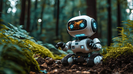 A charming robot explores a vibrant forest, surrounded by lush greenery and peaceful nature. This scene captures curiosity and innovation in a stunning outdoor setting.の素材
