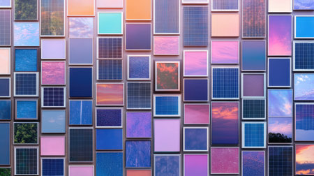 A stunning array of colorful images arranged in a modern grid format. This artwork showcases various textures and patterns, creating a vibrant and captivating visual display.の素材