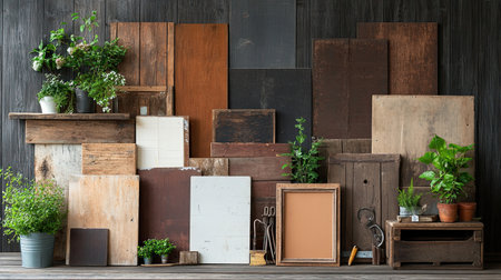 A vibrant collection of rustic wood panels showcases natural textures, complemented by lush greenery. Ideal for decor inspirations and creative design projects.の素材