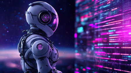 A futuristic robot stands in a cosmic setting, analyzing digital data on glowing interfaces. This striking composition showcases advanced technology and the essence of exploration.の素材