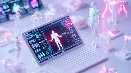 This image features a laptop displaying holographic human figures and data visualizations, showcasing the intersection of technology and medical innovation in a futuristic setting.の素材