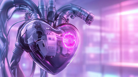 A captivating image displaying a heart designed with advanced technology, illuminated by vibrant neon lights, showcasing the fusion of emotion and innovation.の素材