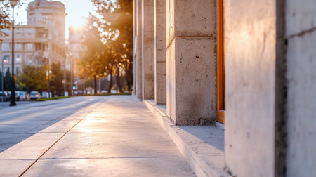 A tranquil urban sidewalk captured during sunset, highlighting the soft warm light, shadows, and architectural details, creating a serene atmosphere in the city.の素材