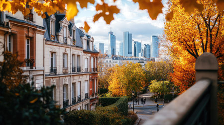 Scenic autumn view showcasing a harmonious blend of modern skyscrapers and historic buildings under a clear blue sky. Perfect for travel enthusiasts.の素材