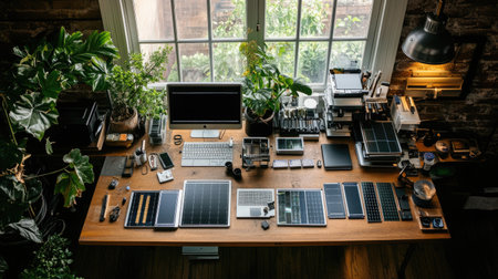 A beautifully organized home office featuring technology, greenery, and modern accessories on a wooden desk, providing a peaceful and inspiring workspace.の素材