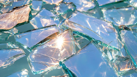 A close-up view of shattered glass pieces reflecting sunlight creates an abstract and artistic pattern, showcasing the beauty of transparency and light.の素材