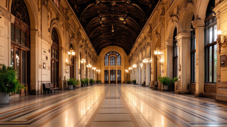 Discover a stunning historical hallway featuring elegant architecture, intricate details, and warm lighting, perfect for showcasing sophistication and timeless design.の素材
