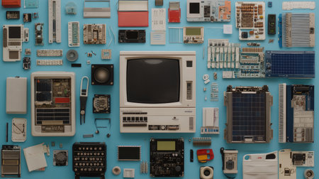 A captivating overhead arrangement of vintage electronics and devices against a blue background, showcasing an eclectic mix of items from the past, perfect for design and technology themes.の素材