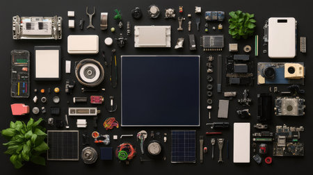 Explore a visually captivating flat lay of assorted electronic components and devices on a black background. Ideal for technology enthusiasts and DIY projects.の素材