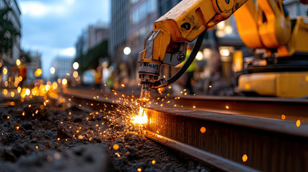A robotic arm welds metal rails in an urban construction site at night, creating sparks and highlighting the blend of technology and manual labor in modern infrastructure.の素材