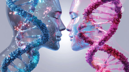 This captivating image features digital human figures merging with vibrant DNA helices, symbolizing the intricate connection of genetics and identity in a modern, technological context.の素材