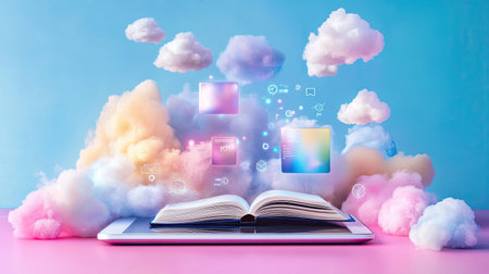 An artistic illustration displaying an open book emerging from a tablet surrounded by colorful clouds and digital icons. Perfect for concepts of learning and imagination.の素材