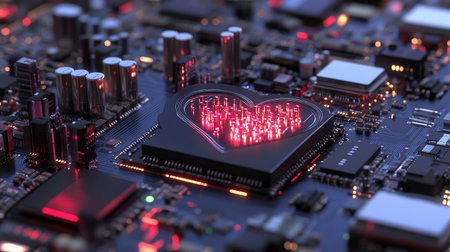 A captivating heart shape formed by circuits on a motherboard, illuminated with red lights, symbolizing love and technology in a digital age.の素材