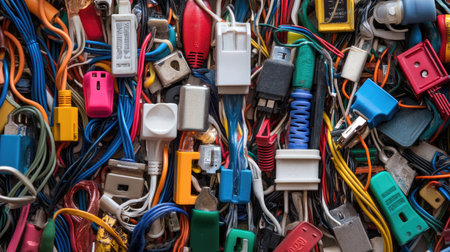 A vibrant mix of electronic cables and connectors creates a chaotic yet colorful scene, perfect for illustrating technology, creativity, and DIY projects.の素材
