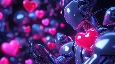 A stunning image of a futuristic robot holding a glowing heart amidst a vibrant abstract background. This art piece captures the essence of technology and emotion.の素材