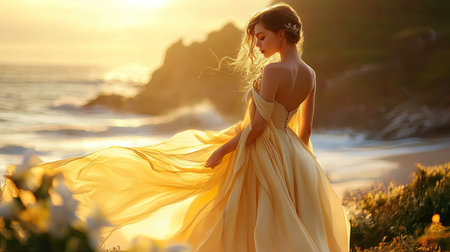 A graceful woman in a flowing yellow dress stands at the beach during sunset. The soft breeze carries her hair as she enjoys a tranquil moment by the sea.の素材