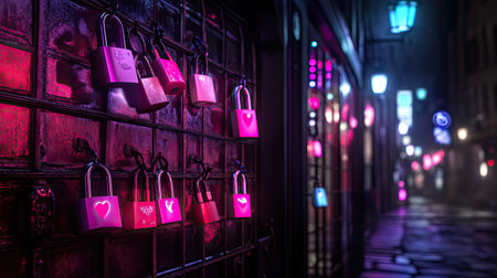 This vibrant image showcases colorful padlocks attached to a gate, illuminated by neon lights in an urban setting, creating a romantic atmosphere.の素材