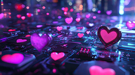 A captivating digital scene featuring glowing hearts scattered across a circuit board, showcasing a blend of technology and romance with vibrant colors and neon effects.の素材