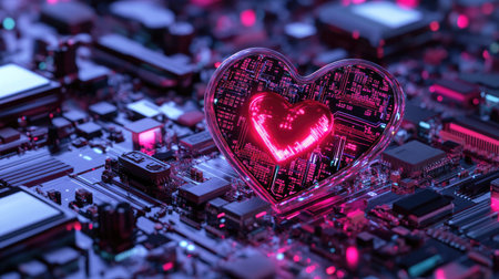A striking heart-shaped neon light glows on a detailed circuit board background. The vibrant pink and red colors create a modern and emotional atmosphere, symbolizing love and technology.の素材