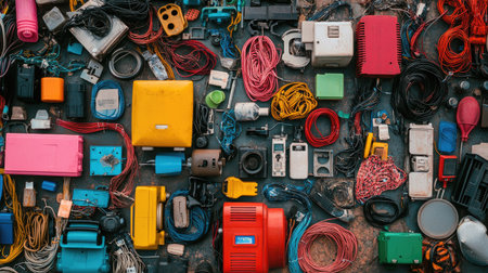 A vibrant and chaotic collection of electrical tools and wiring components displayed together. This assortment features colorful cables, gadgets, and devices ideal for repair or DIY projects.の素材