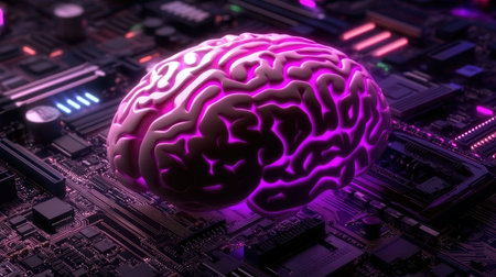 A captivating visualization of a brain on a circuit board, glowing with neon hues. This image represents the fusion of technology, intelligence, and modern design.の素材