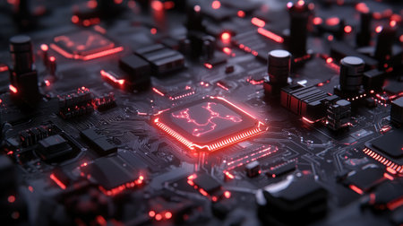 Explore a close-up view of an advanced circuit board featuring glowing red lights, showcasing intricate designs and modern technology elements in a futuristic setting.の素材