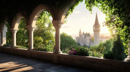 A breathtaking view of a castle framed by lush greenery and an arched window. The scene captures the tranquil beauty of nature and historical architecture, inviting peaceful reflection.の素材