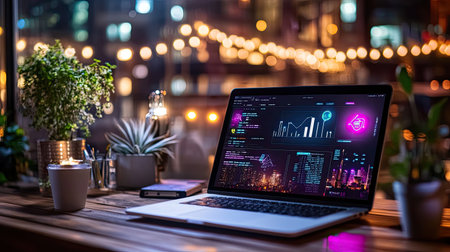 A modern laptop showcasing data analysis sits on a wooden table at night. The cozy workspace features plants and soft lighting, creating a productive ambiance.の素材