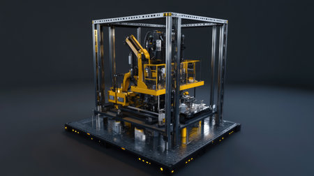 This image showcases an advanced industrial robotic arm within a metallic framework, representing innovation in automation and manufacturing technology.の素材