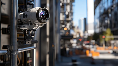 An advanced camera positioned in an urban construction site, capturing high-quality images of the surrounding environment. Ideal for technology and construction themes.の素材
