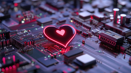 A vibrant heart symbol glows against an intricate circuit board, showcasing the intersection of technology and emotion, evoking connection and innovation.の素材
