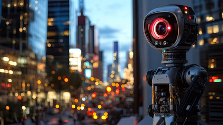 A sleek robotic camera captures the bustling city at dusk, showcasing vibrant lights and urban architecture. Perfect for technology and innovation themes.の素材