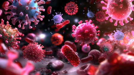 This visually stunning image captures colorful viruses and bacteria in a dynamic microscopic view, showcasing their intricate forms and interactions in a vivid manner.の素材