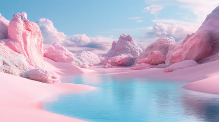 This surreal landscape features vibrant pink rocks surrounding a serene blue waterway under a majestic sky, evoking a dreamlike and tranquil atmosphere.の素材