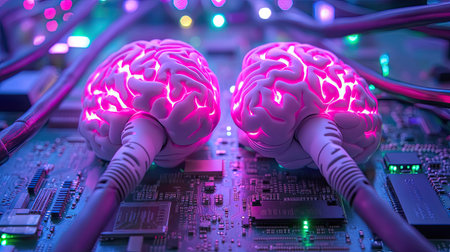 Discover a captivating fusion of brain and technology, showcasing glowing neural connections within circuitry. Experience the innovation of modern science.の素材