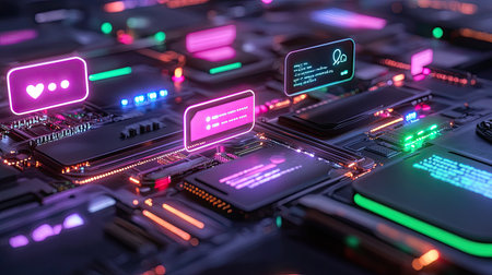 Explore the vibrant world of technology with this colorful digital interface. Featuring neon lights and intricate circuitry, this image embodies innovation and modern design.の素材