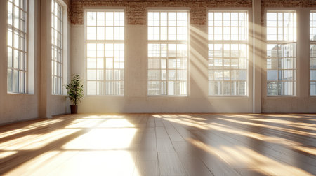 A bright and airy empty room featuring large windows that let in warm sunlight. The hardwood floor adds charm, creating a peaceful and inviting atmosphere perfect for various uses.の素材