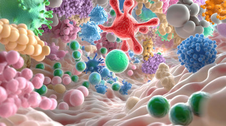 Explore a vibrant and intricate abstract representation of microscopic life, showcasing a colorful array of biological forms and textures in a mesmerizing environment.の素材