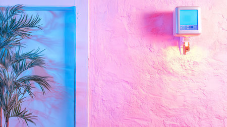 A modern interior space featuring a colorful wall, a plant, and a thermostat. The combination of blue and pink lighting creates a vibrant and cozy atmosphere.の素材