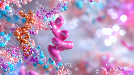 This vibrant abstract image showcases colorful molecular structures, emphasizing the beauty of science and biology through intricate designs and textures.の素材