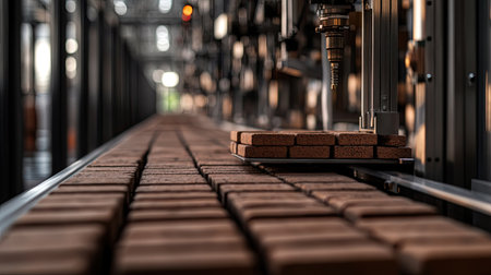 A close-up view of an automated brick production line, showcasing the advanced machinery and precision involved in modern manufacturing processes.の素材