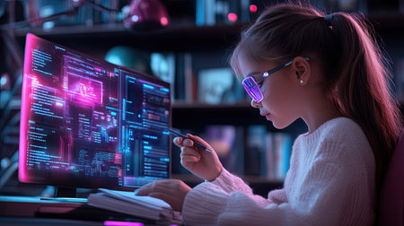 A young girl with glasses works intently on a computer, surrounded by digital graphics and glowing lights, symbolizing the future of coding and creativity.の素材