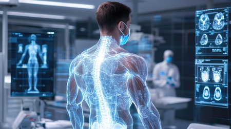 A male patient stands in a modern medical facility, showcasing a holographic spine. This cutting-edge technology symbolizes advancements in healthcare and patient diagnostics.の素材