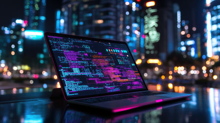 A sleek laptop showcases colorful code against a vibrant urban night backdrop. The scene highlights modern technology and creative workspaces in a bustling city.の素材
