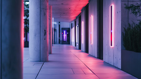 A modern urban corridor showcasing stylish neon lights against minimalist concrete. The vibrant illumination creates a tranquil and artistic atmosphere.の素材