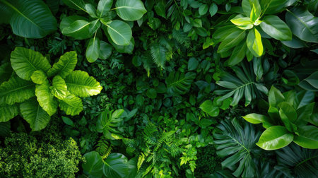 Stunning aerial view of diverse green leaves showcasing various shapes and textures, creating a serene and harmonious natural background perfect for eco-themed projects.の素材