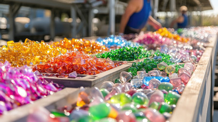 A vibrant array of colorful glass marbles is showcased at an outdoor market stall, providing a playful and artistic touch to the shopping experience.の素材
